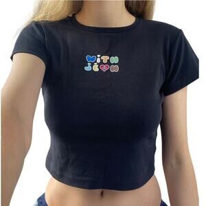 With Jéan Y2K Graphic Baby Tee Crop Tshirt Medium Black Streetwear 90s Retro
